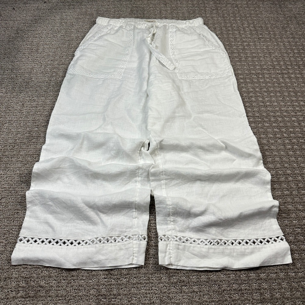 Baggy Joie White 100% Linen Wide Leg Cropped Pants Crochet Lace Trim Size M